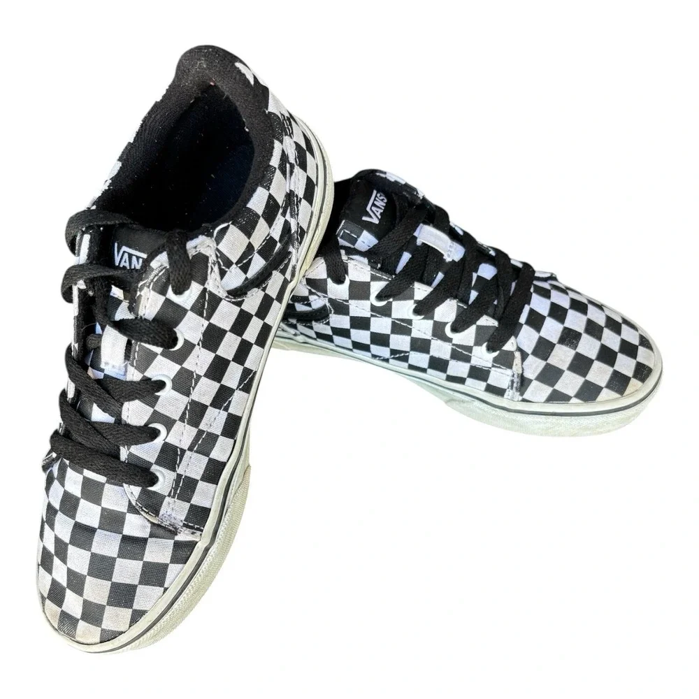 Vans Checkerboard Sneakers Youth 4‎ Black White Lace Up Skate Shoes